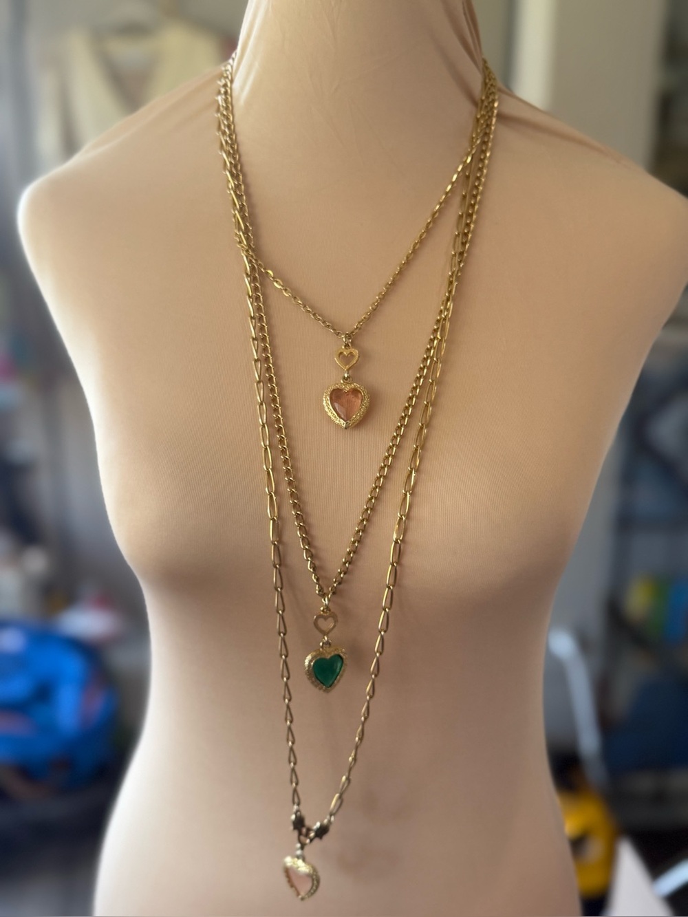 Multi Tier (3) Gold tone Chain Necklace Heart Pendants